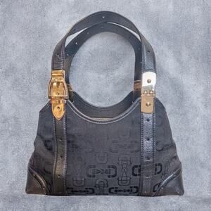 Gucci Tom Ford Era Horsebit Logo Jacquard Black Gold Hardware Shoulder Bag